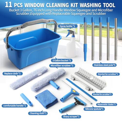 Creatyi 11PCS Window Cleaning Kit Washing Tool, Bucket 3 Gallon, 76 inch Long Handle Window Squeegee and Microfiber Scrubber,Equipped with Replaceable Squeegee and Scrubber for Home Business Use