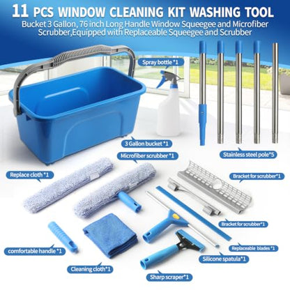 Creatyi 11PCS Window Cleaning Kit Washing Tool, Bucket 3 Gallon, 76 inch Long Handle Window Squeegee and Microfiber Scrubber,Equipped with Replaceable Squeegee and Scrubber for Home Business Use