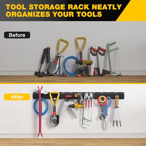 Garage Tool Organizer Wall Mount with 48 inches Rails and 7 Adjustable Heavy-Duty Hooks, Garden Tool Organizer, 10 Pack Carries 440 lbs, Heavy Duty Garage Storage Rack For Yard, Shed, Easy to install - size: 48 inch with 3 Panels & 7 Hooks