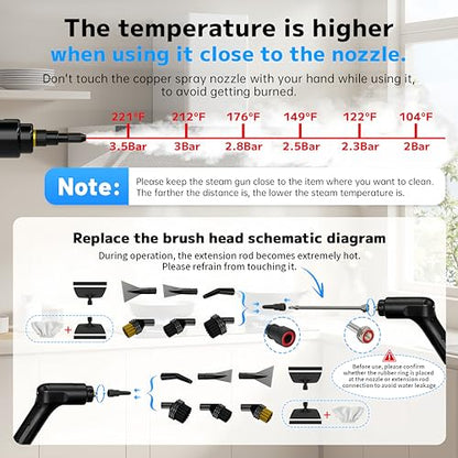 Pressurized Handheld Steam Cleaner 2500W, 54oz Large-Capacity Steamer with 3-Level Adjustable Steam, 15s Heat-Up & 15Pcs Accessories – for Car, Tile, Grout, Couch, Floor, Bed, Dirt, Furniture - color: Black