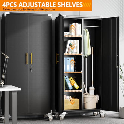 Broom Closet Storage Cabinet, Metal Cleaning Cabinets with Hanging Rod and S-Hooks, Lockable Tool Cabinets, Utility Cabinet for Garden, Office, Laundry Room, Black - color: Black