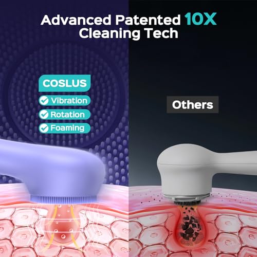 COSLUS Face Scrubber Facial Cleansing Brush: 2 in 1 Spin and Vibration Patented Tech, Silicone Electric Exfoliator Scrubber with Automatic Foaming, Waterproof Face Cleanser Brush for Men (Purple) - color: Purple