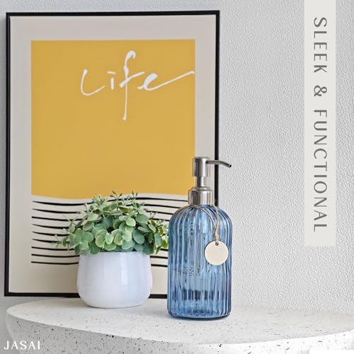 JASAI 18Oz Navy Blue Glass Soap Dispenser for Kitchen & Bathroom, Refillable Kitchen soap Dispenser with Vertical Stripe, Bathroom Soap Dispenser for Dispense Hand soap& Dish Soap. - color: Navy Blue