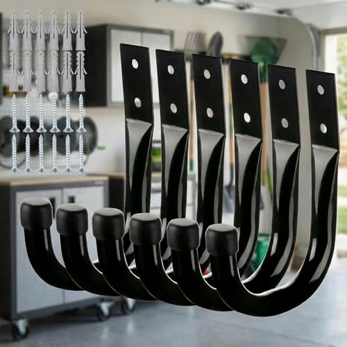 Heavy Duty Metal Wall Hooks 6 Pack, Large 3.5" Utility J Hooks for Garage Organization and Storage, Wall Mount Hangers for Extension Cords Tools Coats Backpacks and Bags, Indoor Outdoor Use, Black - color: Black