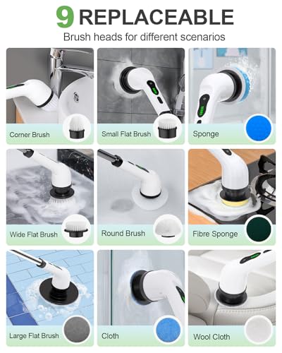 Electric Spin Scrubber, 9 Brush Heads, 2-Speed Cordless Scrubber | Power cleaning brush, bathroom scrubber, tile floor scrubber, extension arm, IPX7 waterproof, tub, sink, grout, car wheels - size: 9heads
