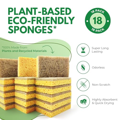 AIRNEX Natural Kitchen Sponges Pack of 18 - Biodegradable Cellulose and Coconut Husk Walnut Scrubbers - Odor Free Non Scratch - Eco Friendly Quick Drying Dishwashing Sponges - size: 18 Pack