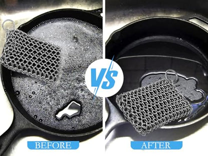 Herda Chain Mail Cast Iron Cleaner Scrubber,316 Chainmail Pan Scrubber Metal Cleaning Brush, Pad, Sponge Scraper to Clean Skillet,Dutch Oven, Wok,Grill Griddle,Chain Link Scrub Brush Pot Care Kit - color: Charcoal Black