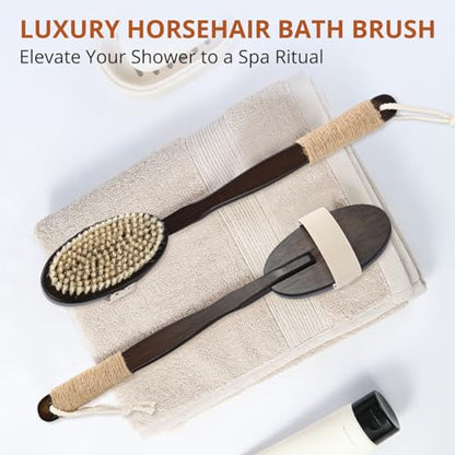 Dry & Wet Brushing Body Brush, Natural Boar Bristle Back Scrubber for Shower with Detachable Handle, Exfoliating Brush for Lymphatic Drainage, Improved Circulation & Smooth Skin - color: Dark Brown