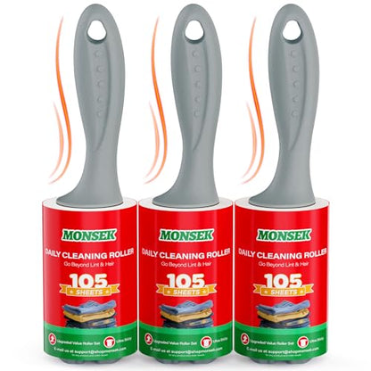 MONSEK 4X Extra Sticky Lint Roller for Pet Hair, Lint Rollers 315 Sheets Mega Value Set, Pet Hair Remover with 3 Upgraded Handle 3 Rollers, Portable Lint Remover for Clothes, Furniture, Dog & Cat Hair