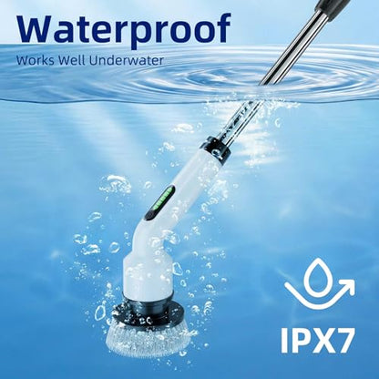 Electric Spin Scrubber, Cordless IPX7 Waterproof Cleaning Brush with Dual-Hook Design, 7 Replaceable Brush Heads, Adjustable Telescopic Handle & 2 Speeds for Bathroom, Kitchen, Floor