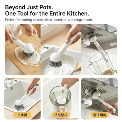 Rotatable Kitchen Cleaning Brush with Built-in Soap Dispenser for Non-Stick Pans, Stainless Steel Pots, Ceramic Cookware, Range Hood Filters, Oven Grates