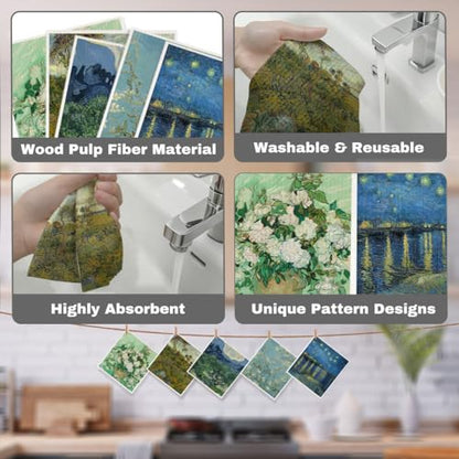 5 Pcs Oil Painting Swedish Dishcloths, Tree & Flower Swedish Dishcloth, Classic Art Dish Cloths for Drying Dishes, Reusable Cleaning Cloths, Housewarming Gifts for Women 2 - color: Lm 03423