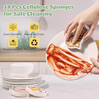 JOYMOOP Cartoon Kitchen Sponge, Non-Scratch Sponges for Dishes, Natural Cellulose Sponges for Cleaning, Reusable Sponge for Household Cleaning - 18 Pcs Mixed Pattern (Kitten, Doggy and Piggy) - color: Mixed Cartoon [18 Pcs]
