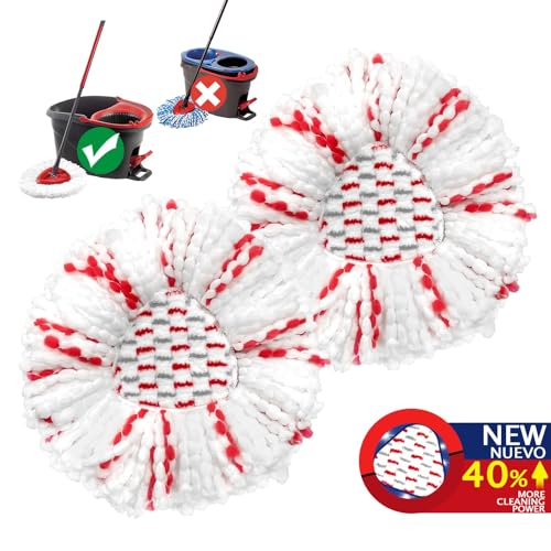 Mop Heads Replacements, 2 Pack 40% More Cleaning Power, Spin Mop Replace Refills for Easy Wring 1-Tank System, Deep Cleaning, Microfiber and Machine Washable