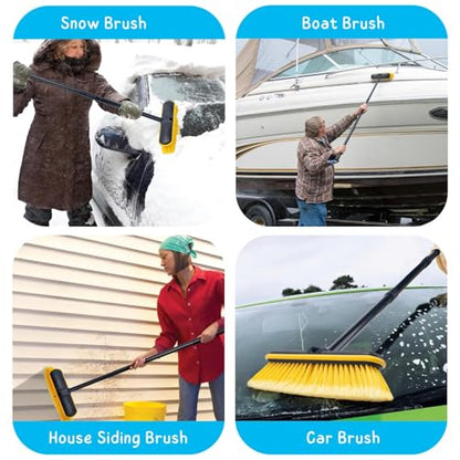 Car Wash Brush with Long Handle, 55'' Vehicles Exterior Washing Supplies, Soft Bristle Scrub Broom for Solar Panel, Boat, RV, Truck, Deck Cleaning, 2 Wax Applicator Pads Included