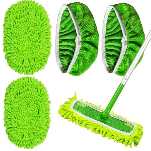4-Pack Thickened Heavy-Duty Chenille Mop Pads Compatible with Swiffer Sweeper and All Other 10-12 Inch Mops, Reusable Wet & Dry Mop Refills