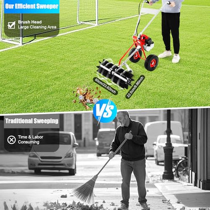 43CC 2 Stroke Power Broom Sweeper Cordless, 1.7HP Handheld Gas Power Held Sweeper Broom Grass Walk Behind Hand Lawn Sweeper with Wheels, Outdoor Turf Lawn Sweepers for Yard, Lawn, Driveway, Snow
