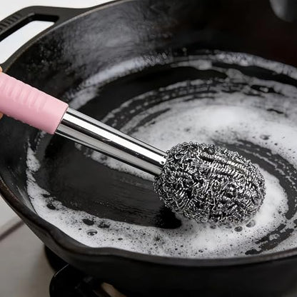 2PCS Steel Wool Scrubber with Handle Rustproof, Cast Iron Scrubber, Stubborn Messes Pot Brush, Remove Dirt for Cleaning Stoves,Sinks Dishes Grills Bowls & Metal Wire Sponge for Kitchens - color: Pink