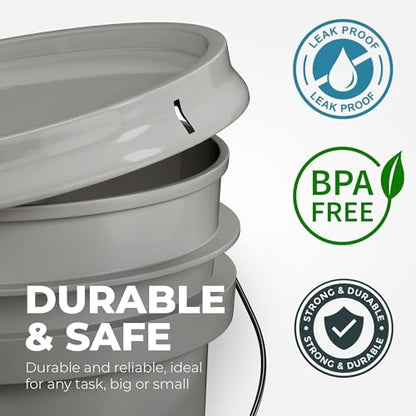 EconoHome 5-Gallon Grey Bucket Pail Container with Lid | Metal Handles with Plastic Grip | Easy Stack and Store | Heavy-Duty, Approx 90 MIL, Extra Durable | Food Grade | BPA Free - 3 Pack - color: Gray, size: 3 Pack