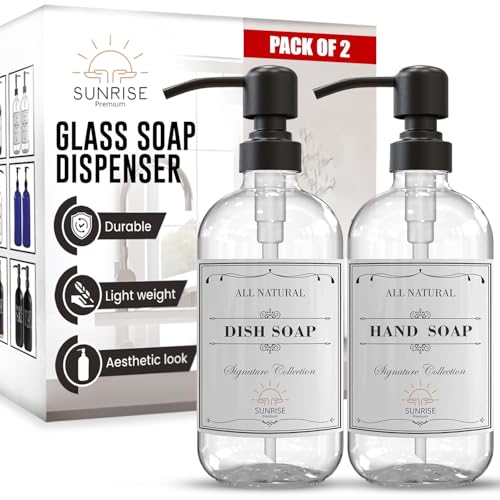 Sunrise Premium 2 Pack Clear Glass Soap Dispenser 16 OZ with Matte Black Stainless Steel Pump, Hand and Dish Soap Dispenser Set for Bathroom and Kitchen Sink with 6 Waterproof Labels - color: Matte Black Ss Pump - Clear Glass