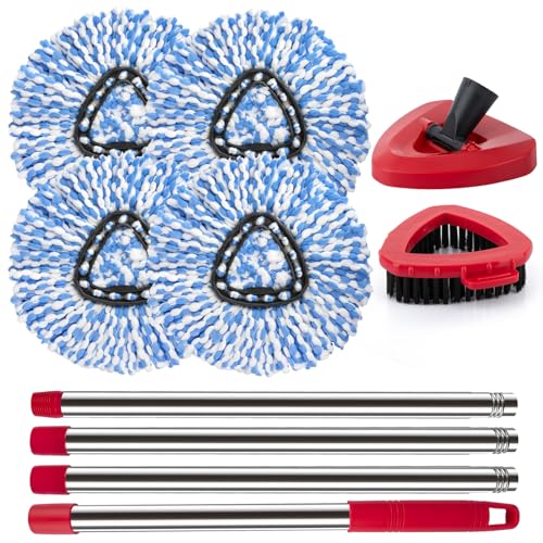 Spin Mop Head Replacement Base Handle Compatible with O Cedar Rinse Clean 2-Tank System, 4 Replace Heads, 1 Mop Handle, 1 Base and 1 Scrub Brush Combo Set - size: 7pcs 2-Tank Mop Set