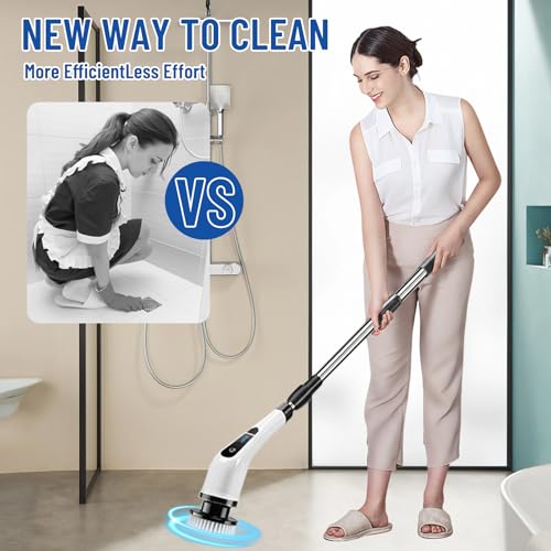 Electric Spin Scrubber, Cordless Cleaning Brush Scrubber with 12 Replaceable Brush Heads, 360 Power Scrubber Dual Speed with Adjustable & Detachable Handle for Bathroom Kitchen Car (White)