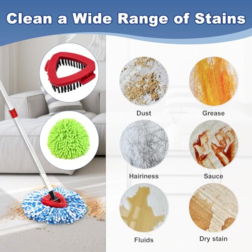 Mop Heads for O Cedar RinseClean 2 Tank Spin Mop System, 3 Microfiber Mop Head Refills and 3 Chenille Mop Pads,1 Scrub Brush, and 1 Mop Base with Mop Handle Set Combo - color: 3blue+3green