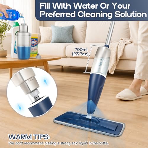CLDREAM Microfiber Spray Mop for Hardwood Tile Floors Dust Cleaning | 3 Microfiber Washable Pads| 23.6oz Refillable Bottle|Dry Wet Use Mops with Sprayer for Home Kitchen Tile Wood Vinyl Laminate - color: Blue