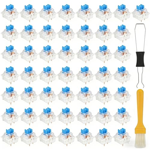 50 Pcs Blue Mechanical Keyboard Switches, 3-Pin Clicky Tactile Switches with Free Keycap Puller & Cleaning Brush, Complete Switch Replacement Kit for DIY