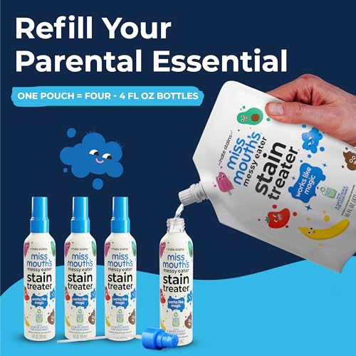 Miss Mouth’s Messy Eater Stain Treater Refill Ready Kit - 2 Pack Stain Remover Spray and 16oz Refill Pouch - Newborn & Baby Essentials - Food, Grease, Coffee Off Laundry, Underwear, Fabric - style: 2 Pack + Refill