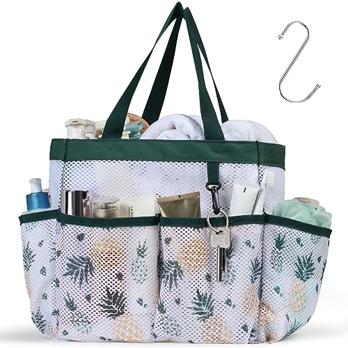 F-color Shower Caddy Portable - Mesh Shower Bag Basket Tote for College Dorm Room Essentials Bathroom Gym Camp Quick Dry for Women Men with S Hook, Green Pineapple - color: L, Green Pineapple, size: L (Classic Dorm Caddy)
