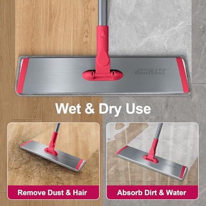 JOYMOOP 18 Inch Dust Mop for Hardwood Floors, Heavy Duty Industrial Wet Dry Mops with Telescopic Handle, Includes 3 Microfiber Mop Pads - Red-Grey