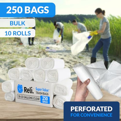 Reli. 30-33 Gallon Trash Bags Heavy Duty | 250 Trash Bags with Ties | Super Sizeable, Clear, Serious Garbage Cleanup