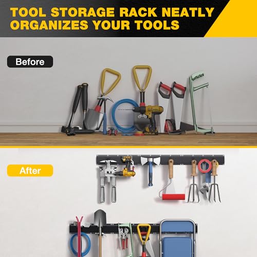 Garage Tool Organizer Wall Mount with 96 inches Rails and 13 Adjustable Heavy-Duty Hooks, Garden Tool Organizer, 19 Pack Carries 820 lbs, Heavy Duty Garage Storage Rack For Yard, Shed, Easy to install - size: 96 inch with 6 Panels & 13 Hooks