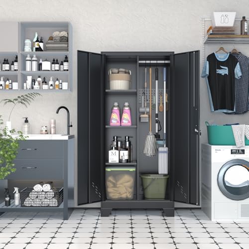 61" H Garage Cabinets, Metal Storage Cabinet with Lockable Doors and Pegboard, Utility Closet for Brooms and Mops, Tool Cabinets for Home Office Laundry Room Living Room - size: 61"Utility Cabinet