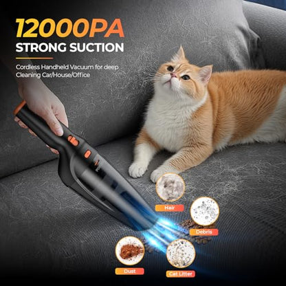 Handheld Vacuum Cordless Rechargeable,Car Vacuum Cleaner with High Power 12000PA Suction,Large-Capacity Battery, with Fast Charging Dock,Dust Busters Wet Dry for Home Car Office Pet