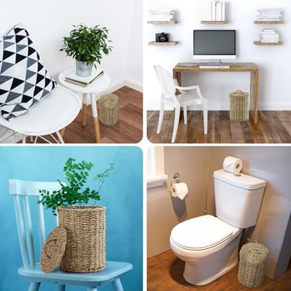 Ctosree 1.3 Gallons Small Trash Can with Lid Handle Boho Woven Braided Bathroom Waste Basket Trash Can with 100 Garbage Bags for Bedroom Office Laundry(Primary Color,Braided Straw Rope,Round) - color: Primary Color, style: Braided Straw Rope
