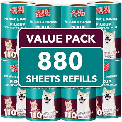 MEIQIHOME Extra Sticky Lint Roller Refills Only, 880 Easy-Tear Sheets for 3.9"-4" Lint Rollers with 1.5" Inner Diameter for Pet Hair Removal on Clothes, Furniture, and Carpets - size: 880 Refills