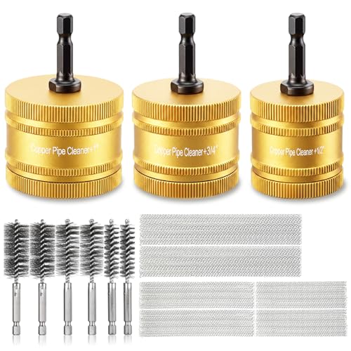 Sabary 1/2" & 3/4" & 1" Metal Copper Pipe Cleaner for Drill, with 1/4" Hex Shank & 6 Brush Blades & 6 Pipe Cleaning Brushes, Replacement Plumbing Tools for Cleaning Polishing Removing Rust