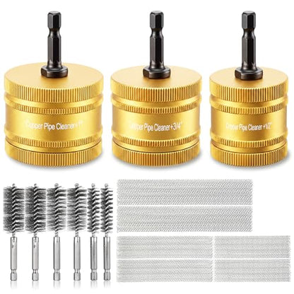 Sabary 1/2" & 3/4" & 1" Metal Copper Pipe Cleaner for Drill, with 1/4" Hex Shank & 6 Brush Blades & 6 Pipe Cleaning Brushes, Replacement Plumbing Tools for Cleaning Polishing Removing Rust