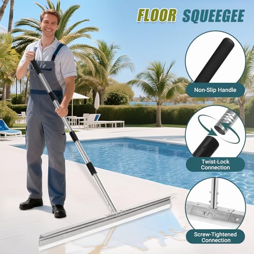 Heavy-Duty 33.4" Floor Squeegee for Concrete, Industrial Silicone Blade Squeegee for Floor with 63" Stainless Handle, Anti-Splash Curved Baffle Design for Garage, Factory, and Tough Cleaning Jobs - size: Standard