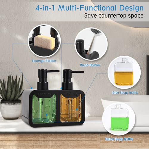 Kitchen Soap Dispenser Set, with Hand and Dish Soap, Sponge Caddy and Brush Holder 4-in-1 Kitchen Dual Soap Dispenser Set for Kitchen Sink, Bathroom - Black - color: Black