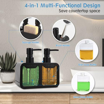 Kitchen Soap Dispenser Set, with Hand and Dish Soap, Sponge Caddy and Brush Holder 4-in-1 Kitchen Dual Soap Dispenser Set for Kitchen Sink, Bathroom - Black - color: Black