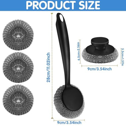 Scrubber with Handle Comes with Three Replacement Balls Steel Wool, Short Handle Scrubber, Steel Wool Scrubber Supplies Dish Scrubber, Stainless Steel Scrubber Tool Metal Scrubber for Dishes - color: 5pcs-1