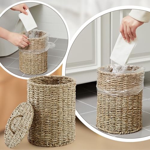 Ctosree 1.3 Gallons Small Trash Can with Lid Handle Boho Woven Braided Bathroom Waste Basket Trash Can with 100 Garbage Bags for Bedroom Office Laundry(Primary Color,Braided Straw Rope,Round) - color: Primary Color, style: Braided Straw Rope