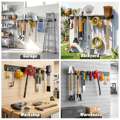Housolution Heavy Duty Garage Wall Organizer 64 Inch - 18Pack Carries 570 lbs, Garage Tool Organizer Storage System, 4 Rails with 12 Adjustable Hooks, Garden Tool Organizer for Warehouse, Workshop