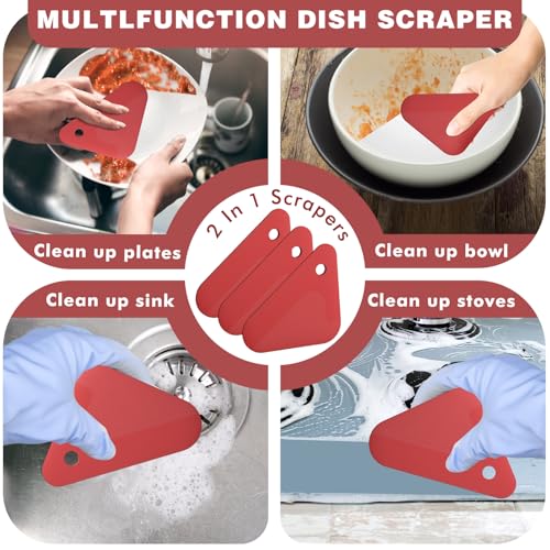 Food Scraper, 2-in-1 Pot and Pan Dish Scraper, Nylon and Silicone, Kitchen Scraper Tools for Cast Iron Skillets, Cookware, Dishes, Pans and Pots, Heat Resistant, Set of 3 - Red - color: Red
