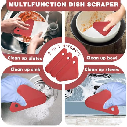 Food Scraper, 2-in-1 Pot and Pan Dish Scraper, Nylon and Silicone, Kitchen Scraper Tools for Cast Iron Skillets, Cookware, Dishes, Pans and Pots, Heat Resistant, Set of 3 - Red - color: Red