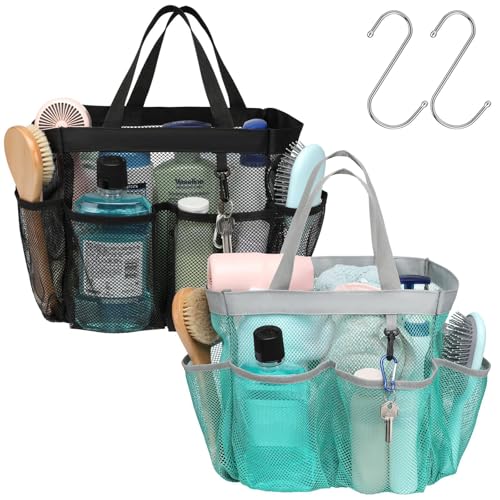 F-color Mesh Shower Caddy Portable - 2 Handles Upgrade Deeper 7 Pockets Basket Bag Tote for College Dorm Room Toiletry Bathroom Essentials Gym Camp Quick Dry with S Hook, 2 Pack, Black & Mint Green - color: 2 Pack, Black & Mint Green, size: L (Classic Dor