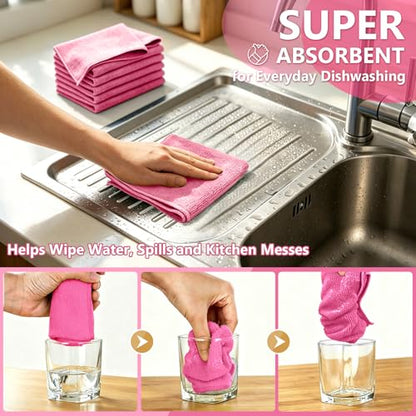 Kitchen Dish Cloths, 12 Pack, 10 x 10 Inches, Soft Absorbent Dish Towels, Lint Free Reusable Dish Rags for Dishwashing, Drying and Daily Cleanup, Hot Pink - color: Hot Pink